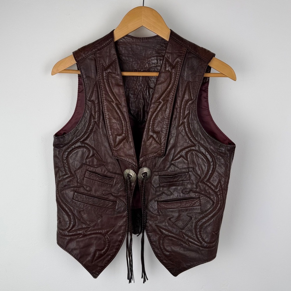 North Beach Leather Western Vest Dark Brown Tooled Concho Mexico Mens SZ S